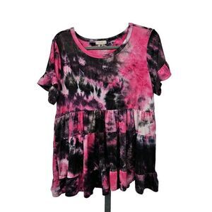 Oddi Tie-Dye Ruffle Tiered Tunic Top Blouse Womens Size M Soft Knit Multicolor